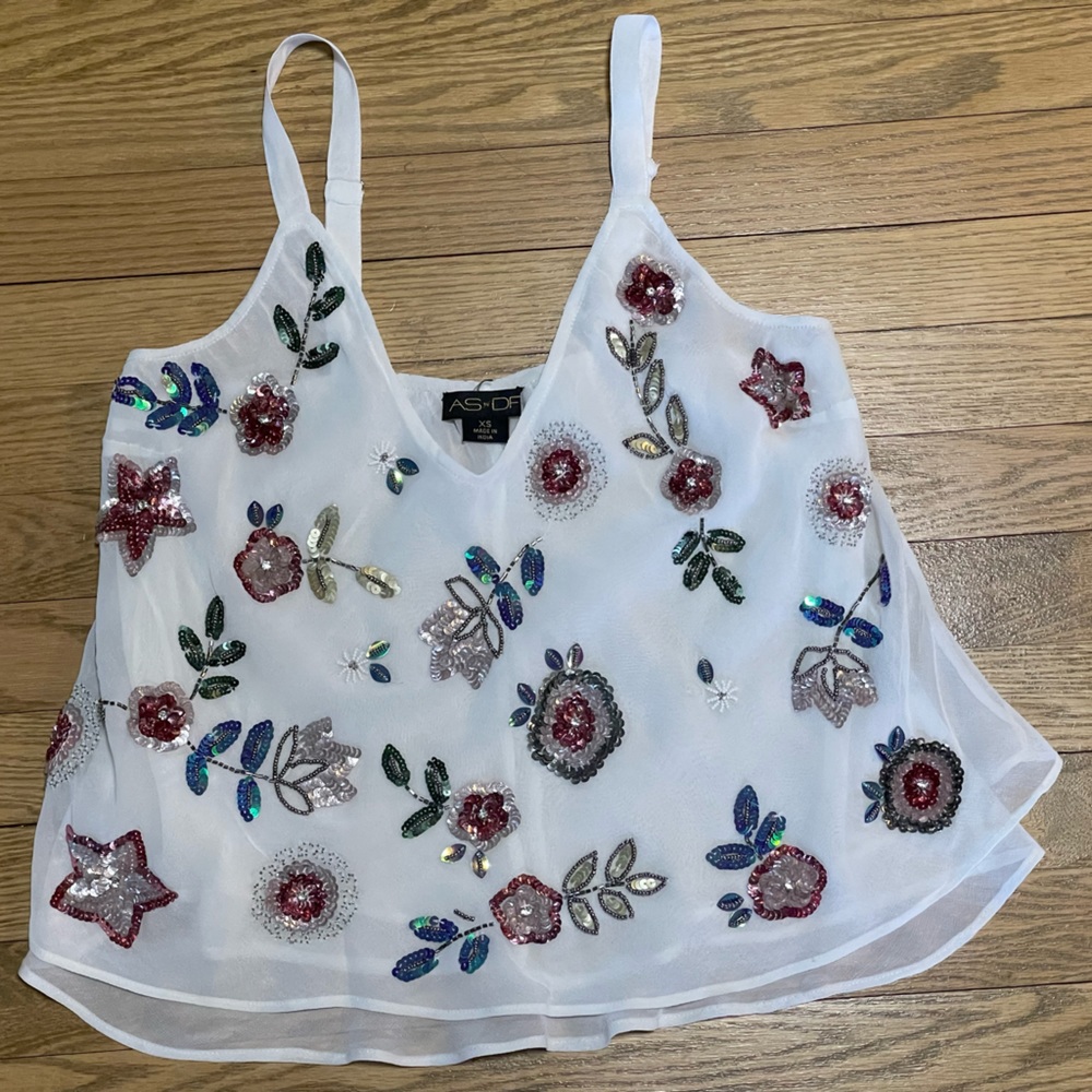 AS by DF White Cami w/ multicolor Floral Sequins Top - Sz XS - Picture 6 of 11